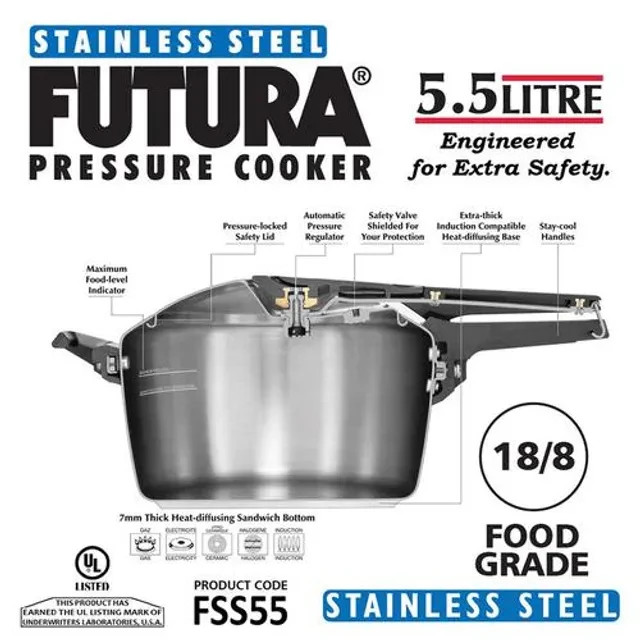 Hawkins Futura Stainless Steel Inner Lid Pressure Cooker - Induction Base Silver, FSS55, 5.5 l-3.webp